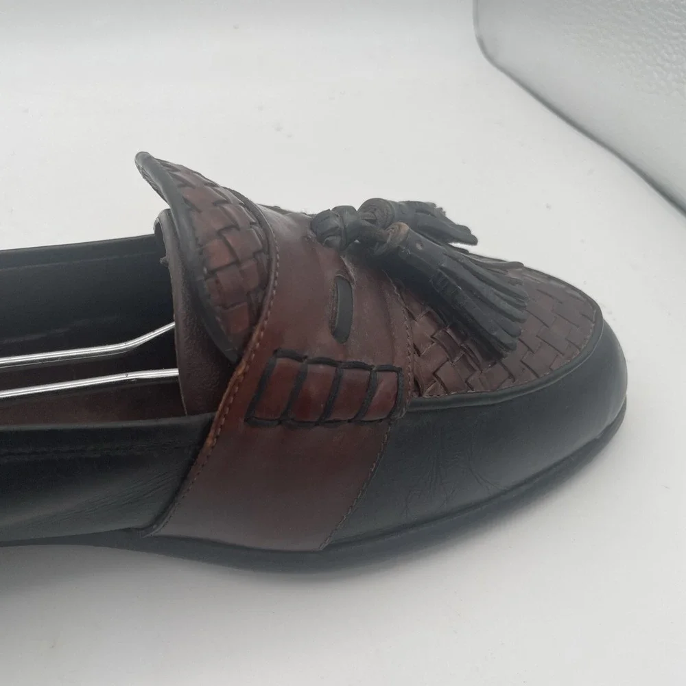 Bragano Mens Shoes Size 10M Black Brown Leather Full Strap Woven‎ Tassel Loafers